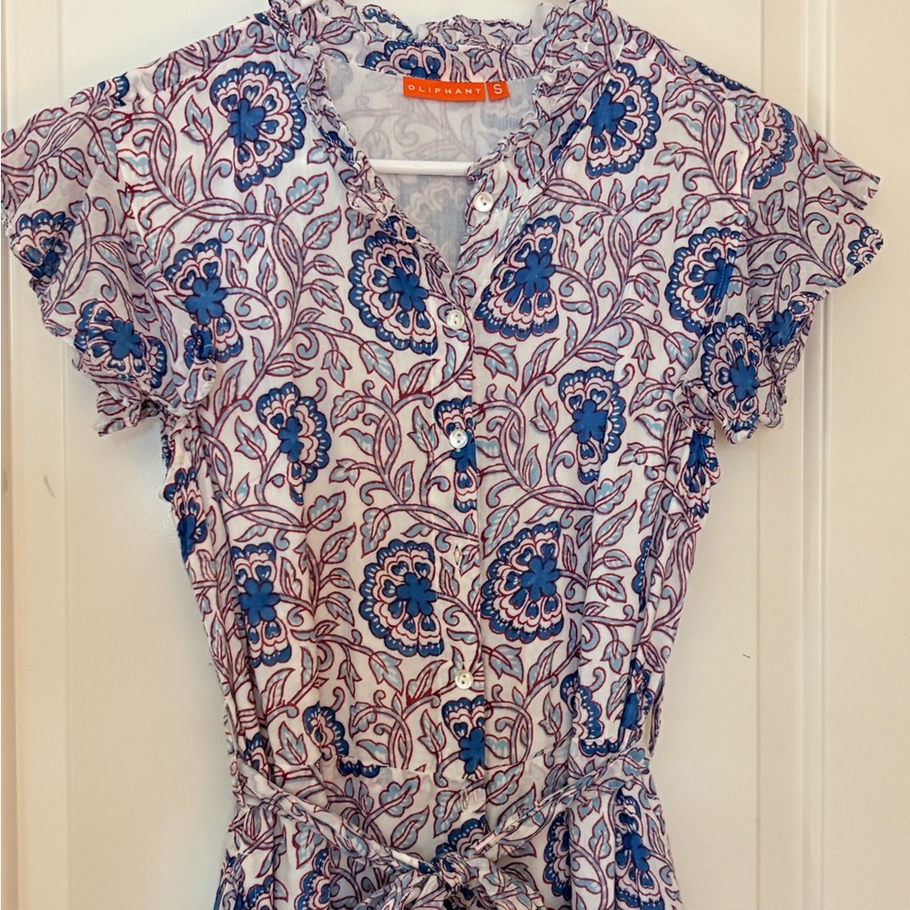 Oliphant White Floral-Print Button Front Tie-Waist Top - Small